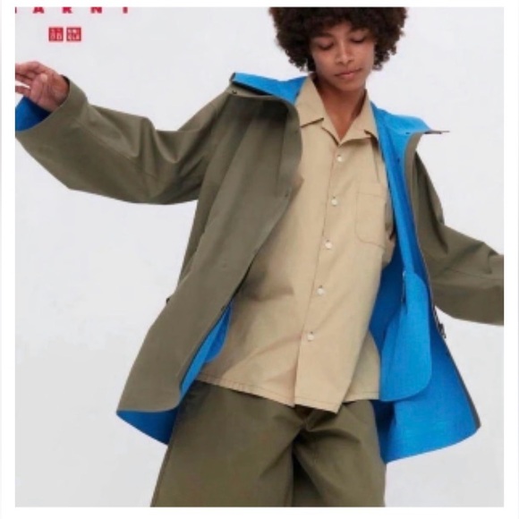Marni for Uniqlo Olive Green Rain Coat with Bright Blue Lining - Picture 3 of 6